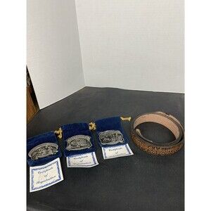 Vintage Tooled Brown Leather Belt 1880 - 1980 Firefighters- With 3 Belt Buckles